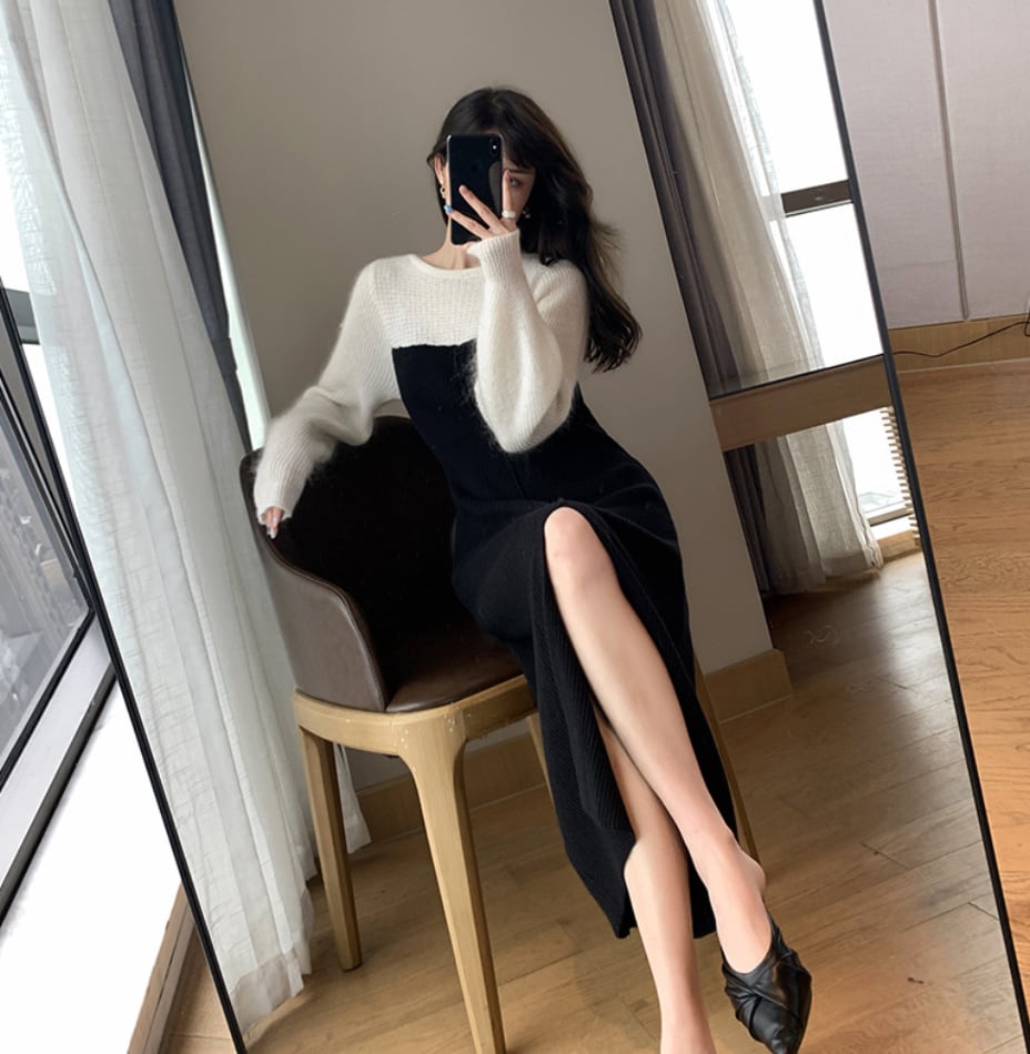 ニット切り替えベアロングスリットワンピース - select store mirror meニット切り替えベアロングスリットワンピース195231109mirror meselect store mirror me195231109S