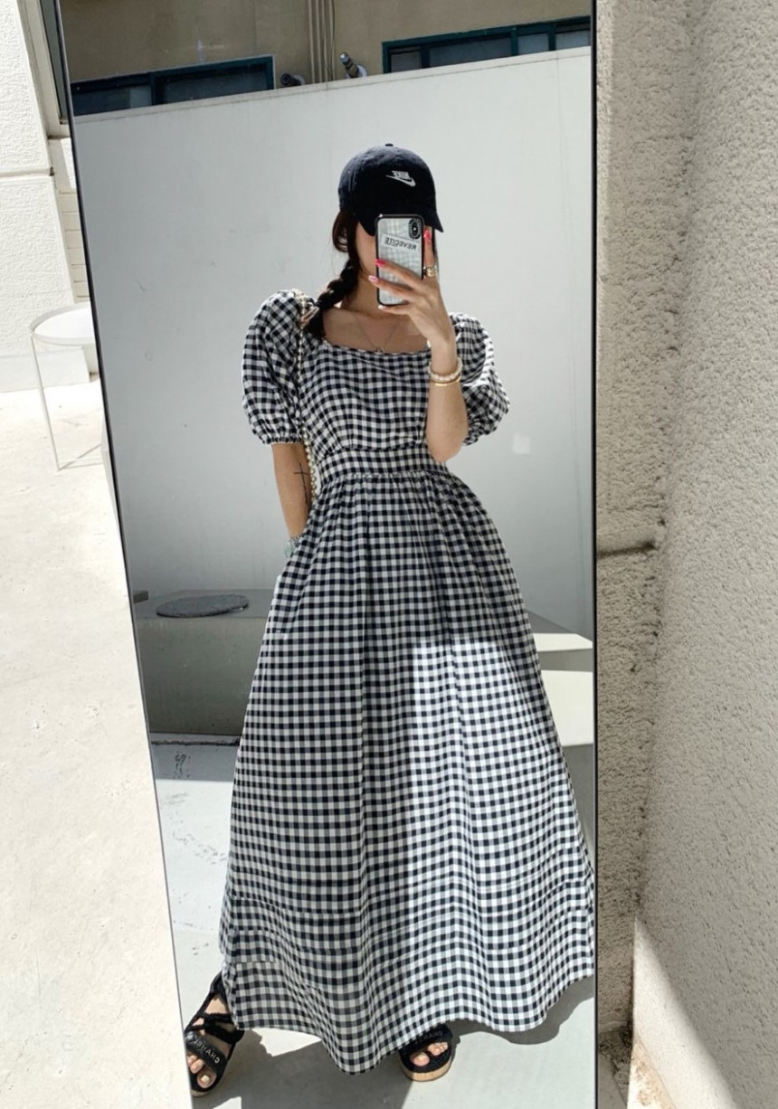 バックリボンパフスリーブロングワンピース