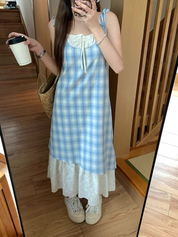 レースレイヤードチェックキャミワンピース