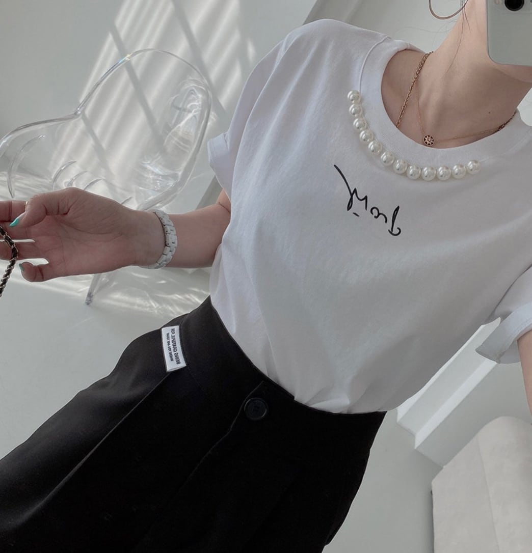 ＜ブラック１点即納＞パール付きメッセージTシャツ　３色展開 - select store mirror me＜ブラック１点即納＞パール付きメッセージTシャツ　３色展開206541712mirror meselect store mirror me206541712ホワイト