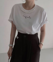 ＜ブラック１点即納＞パール付きメッセージTシャツ　３色展開 - select store mirror me＜ブラック１点即納＞パール付きメッセージTシャツ　３色展開206541712mirror meselect store mirror me206541712ホワイト