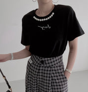＜ブラック１点即納＞パール付きメッセージTシャツ　３色展開 - select store mirror me＜ブラック１点即納＞パール付きメッセージTシャツ　３色展開206541712mirror meselect store mirror me206541712ホワイト