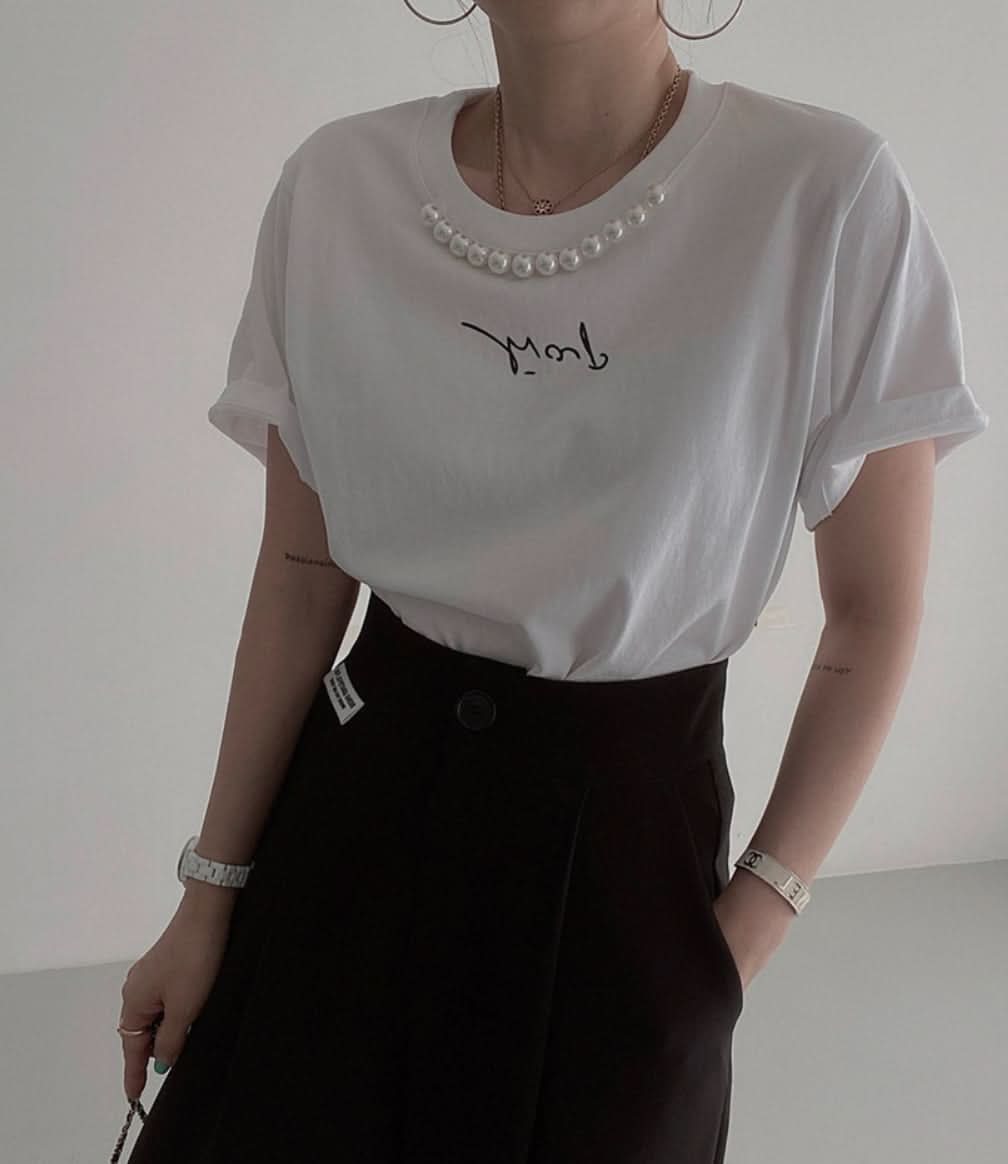 ＜ブラック１点即納＞パール付きメッセージTシャツ　３色展開 - select store mirror me＜ブラック１点即納＞パール付きメッセージTシャツ　３色展開206541712mirror meselect store mirror me206541712ホワイト