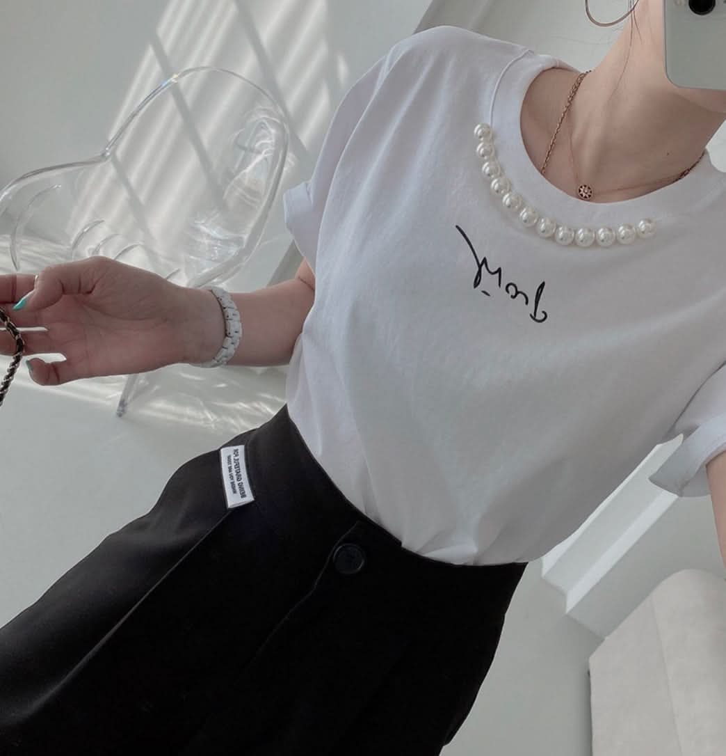 ＜ブラック１点即納＞パール付きメッセージTシャツ　３色展開 - select store mirror me＜ブラック１点即納＞パール付きメッセージTシャツ　３色展開206541712mirror meselect store mirror me206541712ホワイト