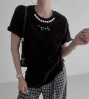 ＜ブラック１点即納＞パール付きメッセージTシャツ　３色展開 - select store mirror me＜ブラック１点即納＞パール付きメッセージTシャツ　３色展開206541712mirror meselect store mirror me206541712ホワイト