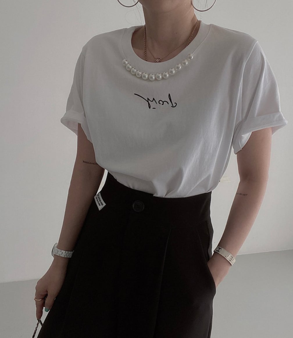 ＜ブラック１点即納＞パール付きメッセージTシャツ　３色展開 - select store mirror me＜ブラック１点即納＞パール付きメッセージTシャツ　３色展開206541712mirror meselect store mirror me206541712ホワイト