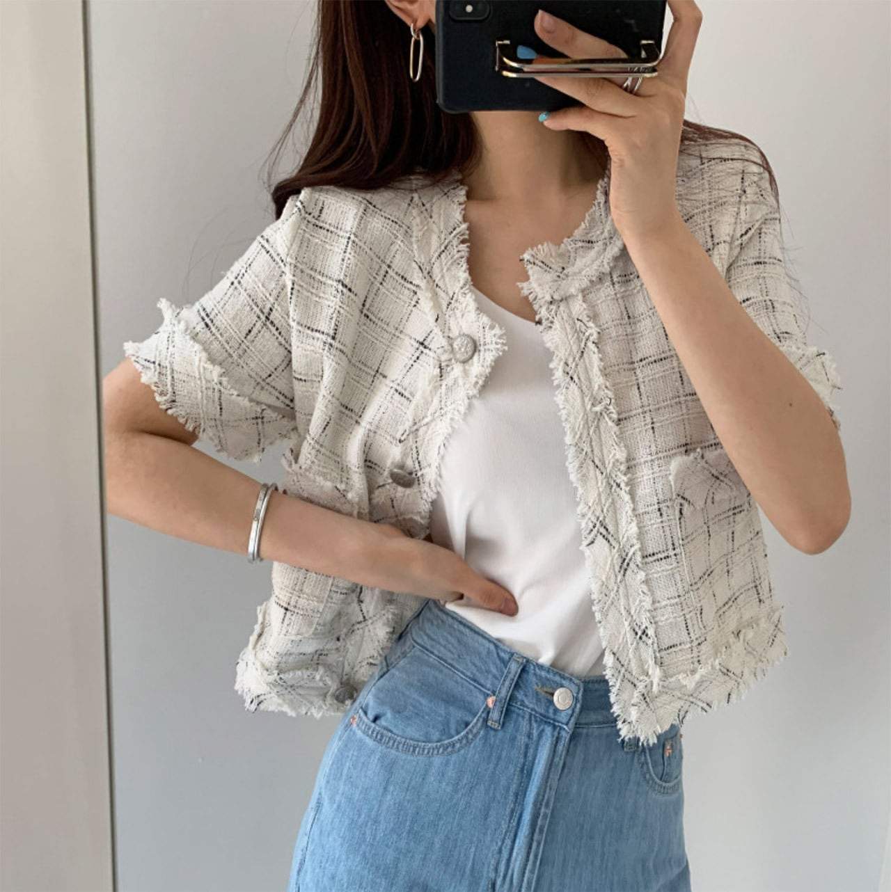 フリンジツイード上品半袖ジャケット　２色展開 - select store mirror meフリンジツイード上品半袖ジャケット　２色展開109582183mirror meselect store mirror me109582183ホワイト