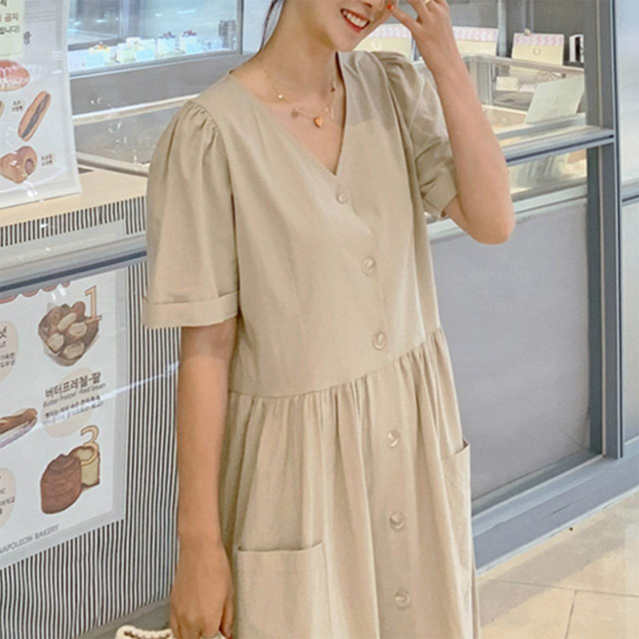 【高品質】コットンリネンフロントボタンワンピース　２色展開 - select store mirror me【高品質】コットンリネンフロントボタンワンピース　２色展開109798120mirror meselect store mirror me109798120ベージュ S
