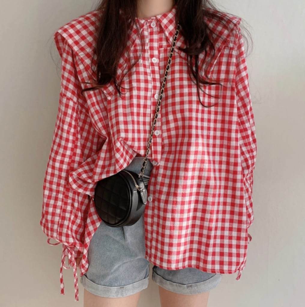 【動画あり】スリーブギャザーリボンギンガムチェックブラウス　２色展開 - select store mirror me【動画あり】スリーブギャザーリボンギンガムチェックブラウス　２色展開117570106mirror meselect store mirror me117570106チェリーレッド