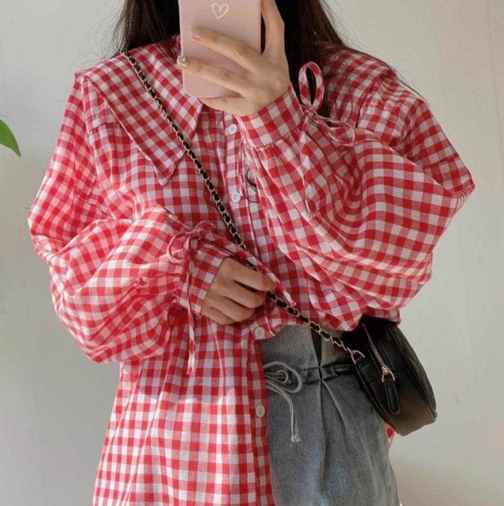 【動画あり】スリーブギャザーリボンギンガムチェックブラウス　２色展開 - select store mirror me【動画あり】スリーブギャザーリボンギンガムチェックブラウス　２色展開117570106mirror meselect store mirror me117570106チェリーレッド