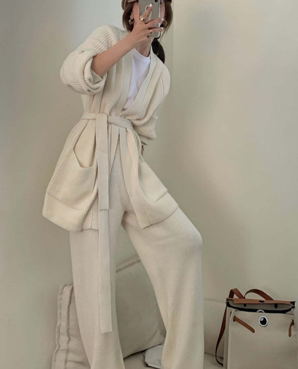ロングカーディガン＆ワイドパンツリブニットセットアップ　２色展開 - select store mirror meロングカーディガン＆ワイドパンツリブニットセットアップ　２色展開159958662mirror meselect store mirror me159958662ホワイト