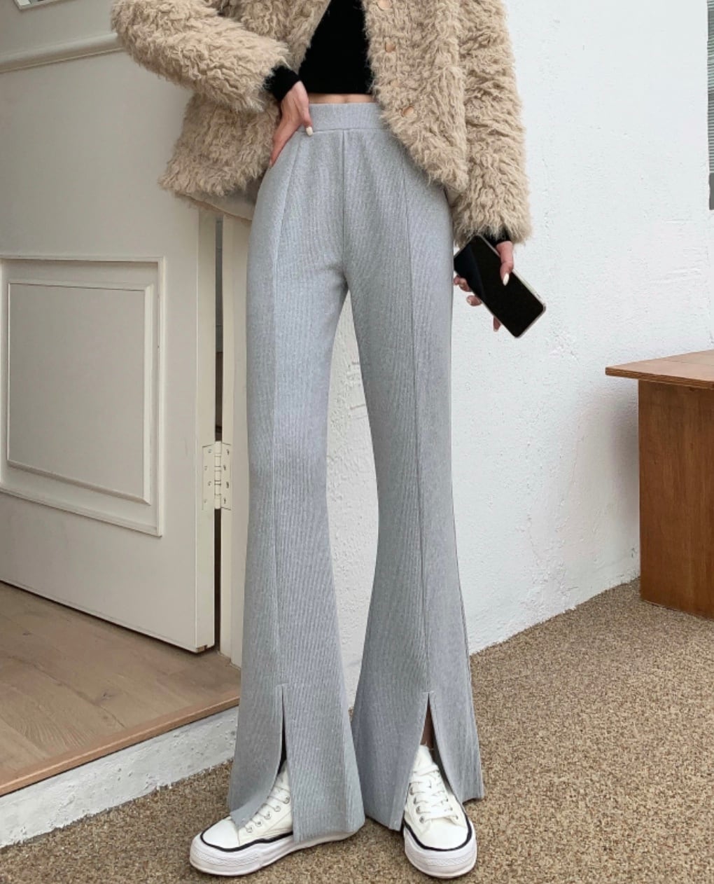 タックスリットハイウエストニットパンツ　２色展開 - select store mirror meタックスリットハイウエストニットパンツ　２色展開163466298mirror meselect store mirror me163466298グレー S