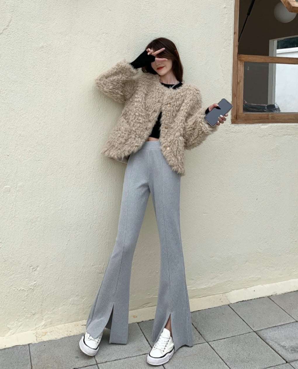 タックスリットハイウエストニットパンツ　２色展開 - select store mirror meタックスリットハイウエストニットパンツ　２色展開163466298mirror meselect store mirror me163466298グレー S