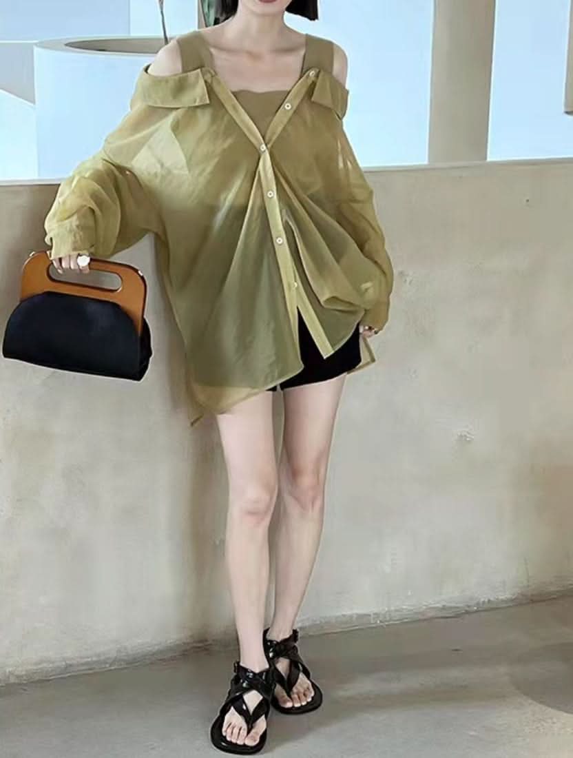 シースルー重ね着風シャツブラウス　２色展開 - select store mirror meシースルー重ね着風シャツブラウス　２色展開175896977mirror meselect store mirror me175896977ホワイトS
