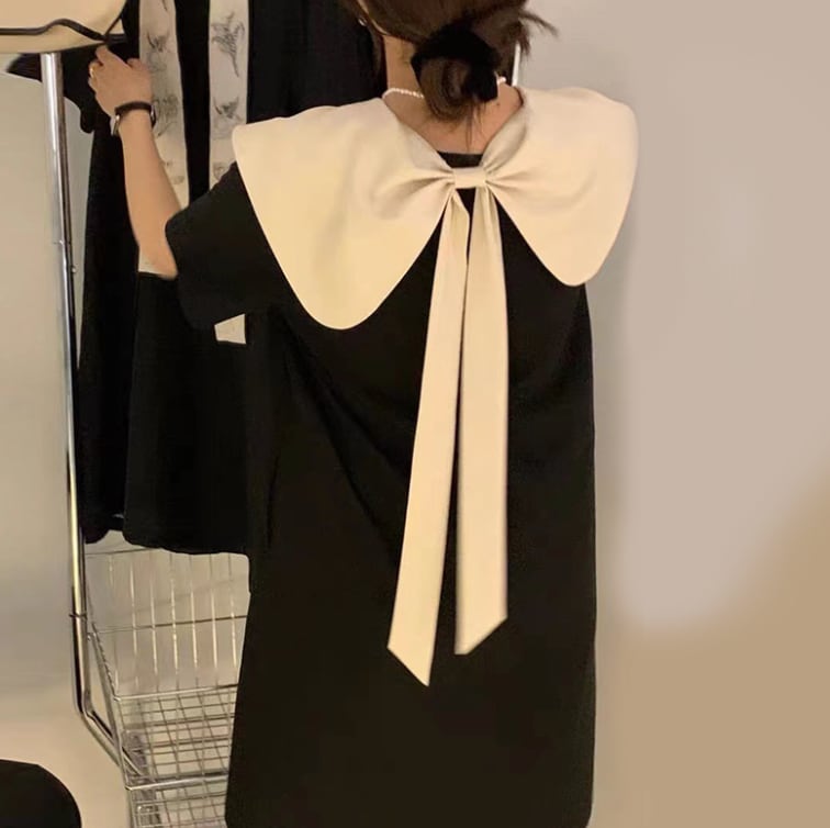 バックリボンバイカラーサックワンピース　２色展開 - select store mirror meバックリボンバイカラーサックワンピース　２色展開178904186mirror meselect store mirror me178904186ホワイト（襟はブラック）