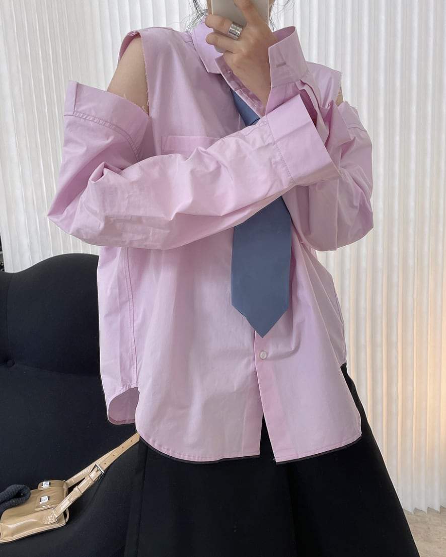 【動画あり】カットショルダーロングスリーブシャツ　２色展開 - select store mirror me【動画あり】カットショルダーロングスリーブシャツ　２色展開180843365mirror meselect store mirror me180843365ホワイト