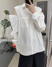 【動画あり】カットショルダーロングスリーブシャツ　２色展開 - select store mirror me【動画あり】カットショルダーロングスリーブシャツ　２色展開180843365mirror meselect store mirror me180843365ホワイト