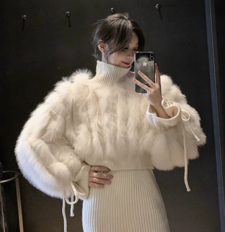 高品質フォックスファークロップドニットトップス　２色展開 - select store mirror me高品質フォックスファークロップドニットトップス　２色展開194871875mirror meselect store mirror me194871875ホワイト