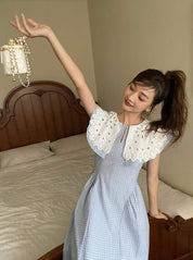 【動画あり】スカラップレース襟チェックワンピース　２色展開 - select store mirror me【動画あり】スカラップレース襟チェックワンピース　２色展開198654194mirror meselect store mirror me198654194ブルーS