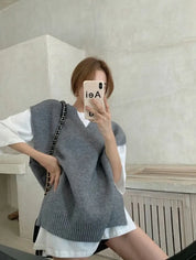 オーバーニットベスト＆シャツ２点セット　２色展開 mirror me