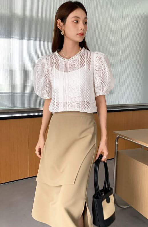デザインシースルーレースパフスリーブブラウス　２色展開 - select store mirror meデザインシースルーレースパフスリーブブラウス　２色展開200963590mirror meselect store mirror me200963590ホワイト