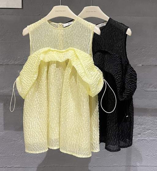 【動画あり】ジャガードシフォンカットショルダートップス　２色展開 - select store mirror me【動画あり】ジャガードシフォンカットショルダートップス　２色展開206839458mirror meselect store mirror me206839458イエローS