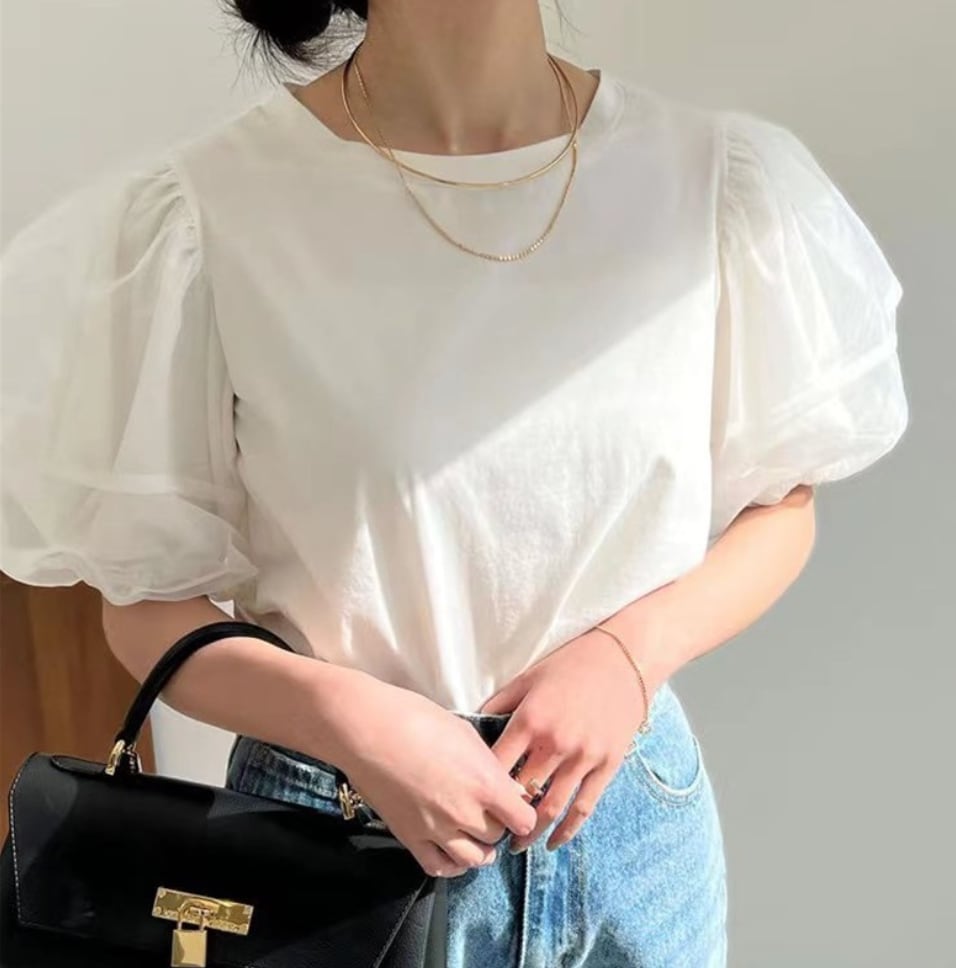【おすすめ】オーガンジーパフスリーブラウンドトップス　２色展開 - select store mirror me【おすすめ】オーガンジーパフスリーブラウンドトップス　２色展開207016104mirror meselect store mirror me207016104ホワイト