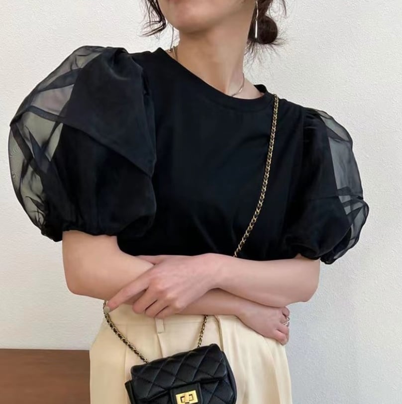 【おすすめ】オーガンジーパフスリーブラウンドトップス　２色展開 - select store mirror me【おすすめ】オーガンジーパフスリーブラウンドトップス　２色展開207016104mirror meselect store mirror me207016104ホワイト
