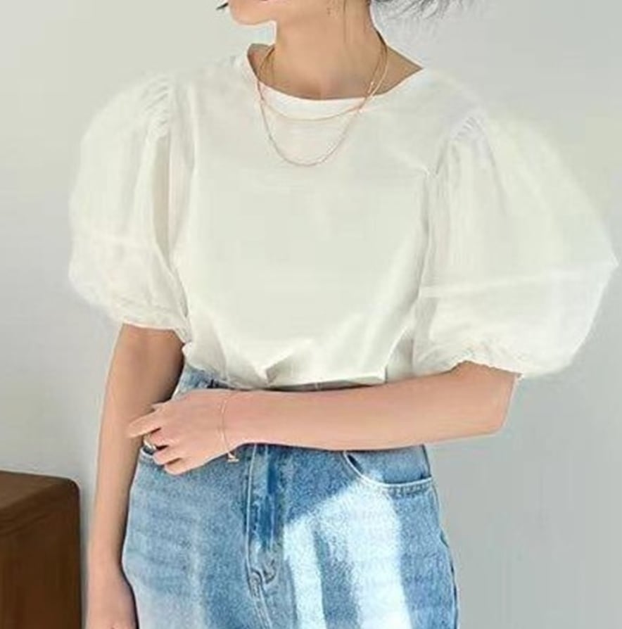【おすすめ】オーガンジーパフスリーブラウンドトップス　２色展開 - select store mirror me【おすすめ】オーガンジーパフスリーブラウンドトップス　２色展開207016104mirror meselect store mirror me207016104ホワイト