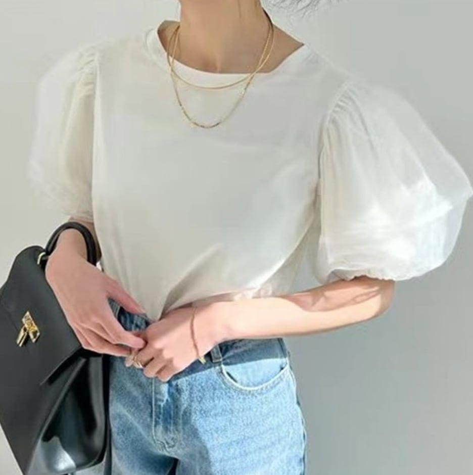 【おすすめ】オーガンジーパフスリーブラウンドトップス　２色展開 - select store mirror me【おすすめ】オーガンジーパフスリーブラウンドトップス　２色展開207016104mirror meselect store mirror me207016104ホワイト