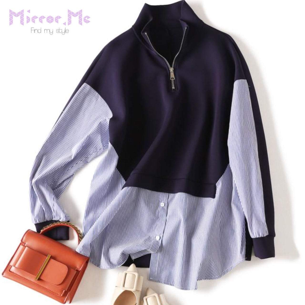 【高品質】フロントジップストライプシャツ切り替えウールニット　２色展開 - select store mirror me【高品質】フロントジップストライプシャツ切り替えウールニット　２色展開96360352mirror meselect store mirror me96360352ブルー M