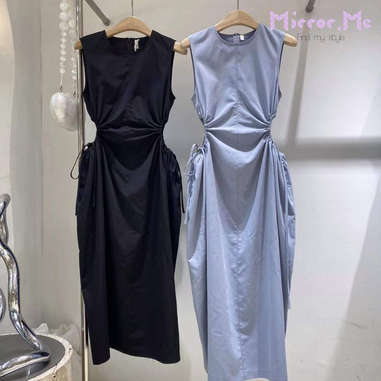 【動画あり】ウエストギャザーカットリボンノースリーブワンピース　２色展開 - select store mirror me【動画あり】ウエストギャザーカットリボンノースリーブワンピース　２色展開97427949mirror meselect store mirror me97427949くすみブルー S