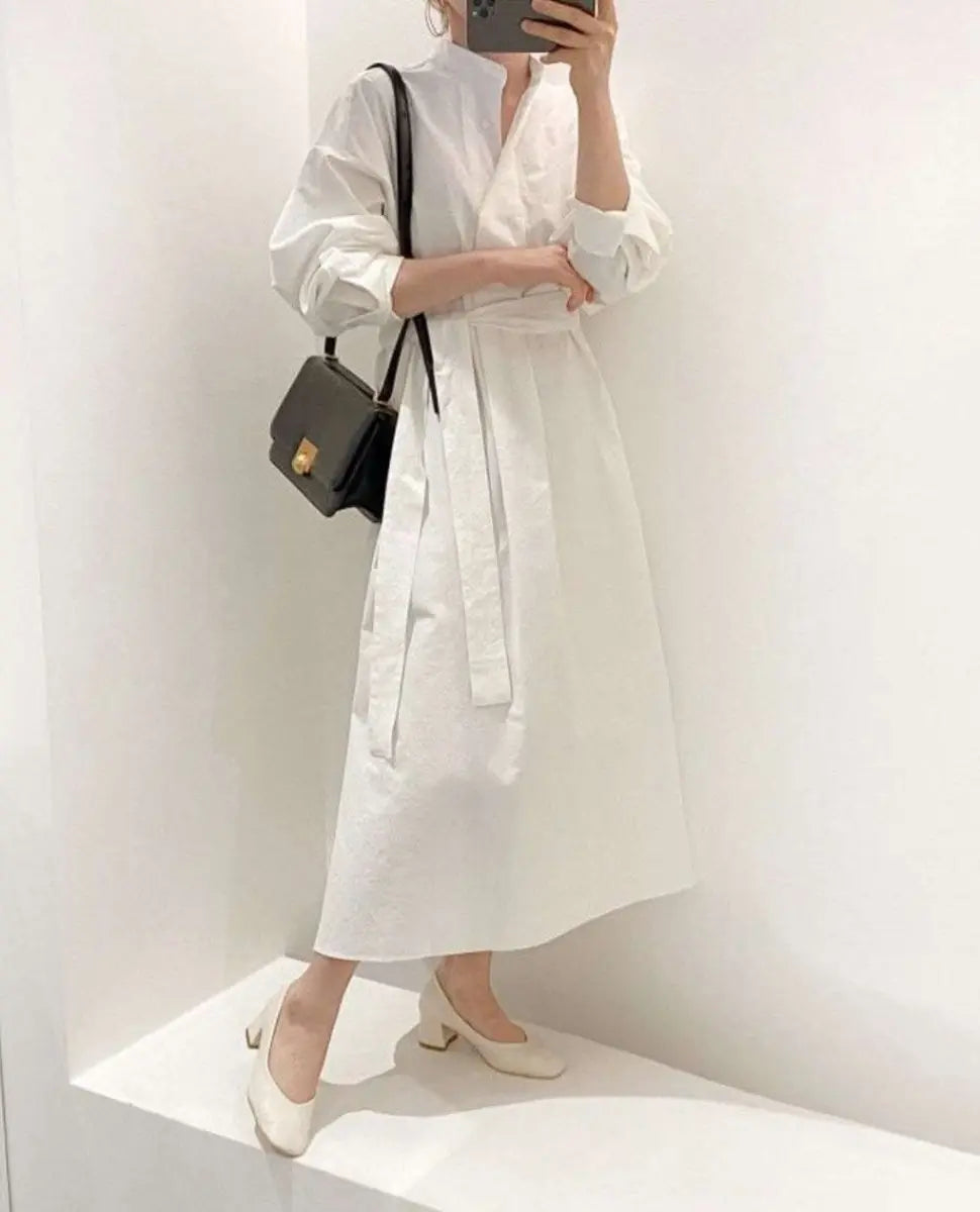 【動画あり】ノーカラーシャツワンピース＆ニットロングベスト　２点セット mirror me