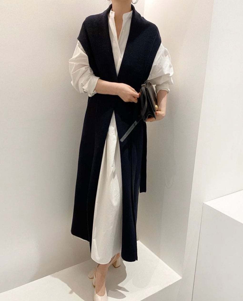 【動画あり】ノーカラーシャツワンピース＆ニットロングベスト　２点セット - select store mirror me【動画あり】ノーカラーシャツワンピース＆ニットロングベスト　２点セットmirror meselect store mirror meフリーサイズ