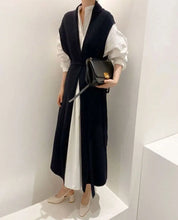 【動画あり】ノーカラーシャツワンピース＆ニットロングベスト　２点セット mirror me