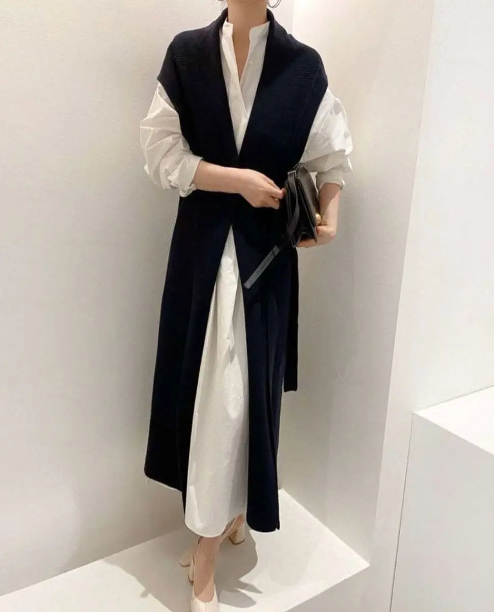 【動画あり】ノーカラーシャツワンピース＆ニットロングベスト　２点セット mirror me