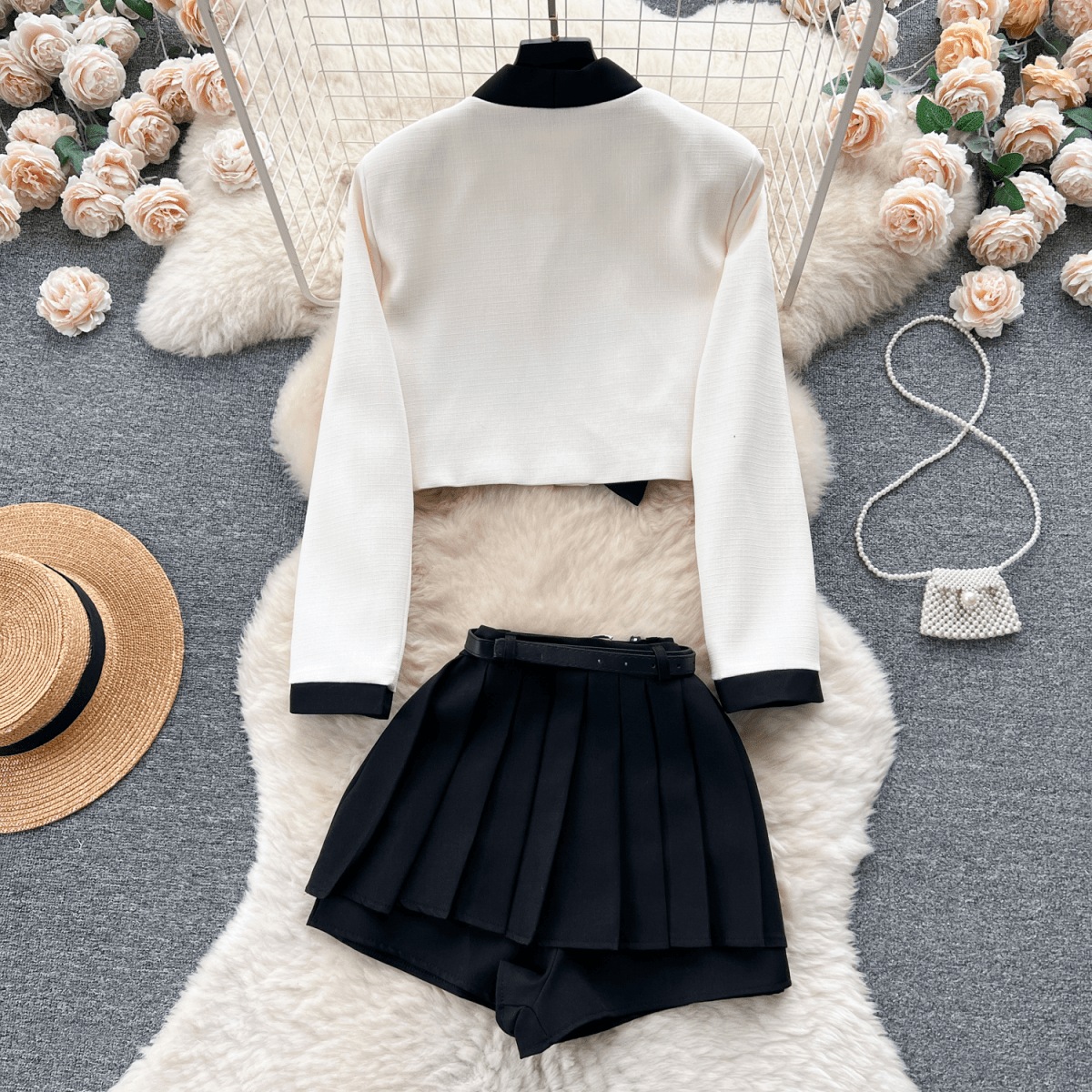 フェミニンリボンセットアップ　2色展開 - select store mirror meフェミニンリボンセットアップ　2色展開select store mirror meselect store mirror meブラックジャケット＆ホワイトパンツ　S