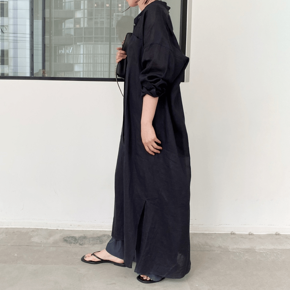 【2025春夏新作】リネンタッチバンドカラーシャツワンピース　2色展開 - select store mirror me【2025春夏新作】リネンタッチバンドカラーシャツワンピース　2色展開select store mirror meselect store mirror meブラック