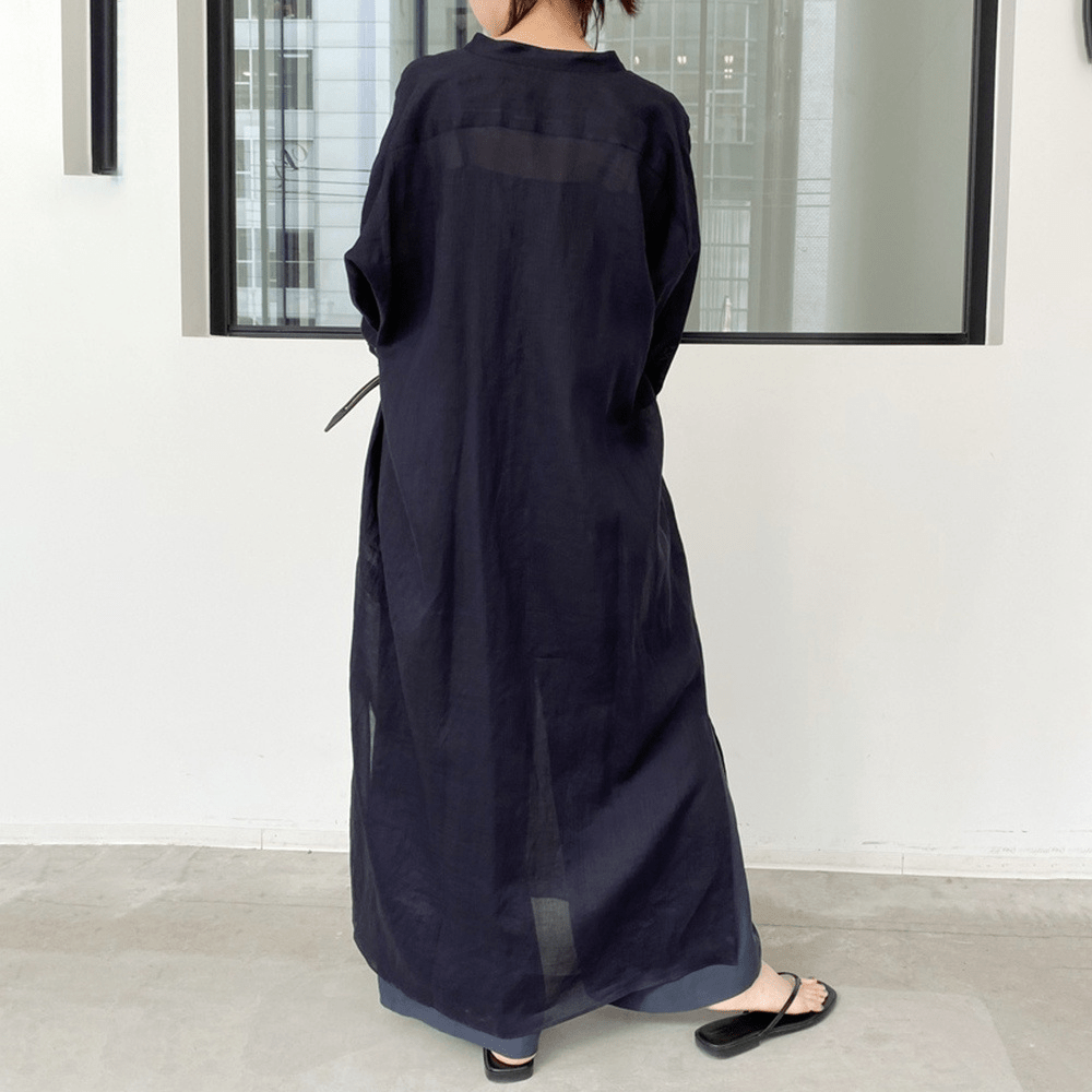 【2025春夏新作】リネンタッチバンドカラーシャツワンピース　2色展開 - select store mirror me【2025春夏新作】リネンタッチバンドカラーシャツワンピース　2色展開select store mirror meselect store mirror meブラック