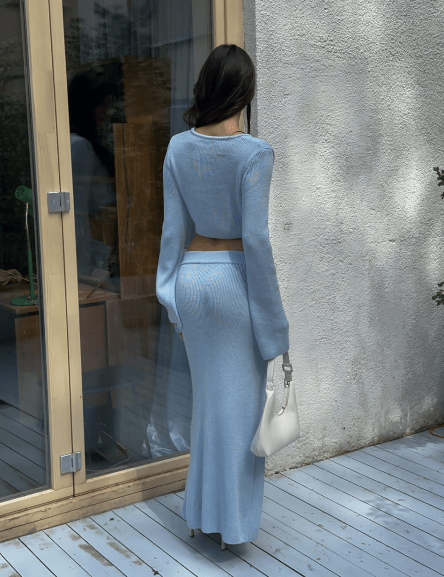 【2025春夏新作】2リボンカーデ＆スリットスカート セットアップ【４色展開】 - select store mirror me【2025春夏新作】2リボンカーデ＆スリットスカート セットアップ【４色展開】select store mirror meselect store mirror meブルーS