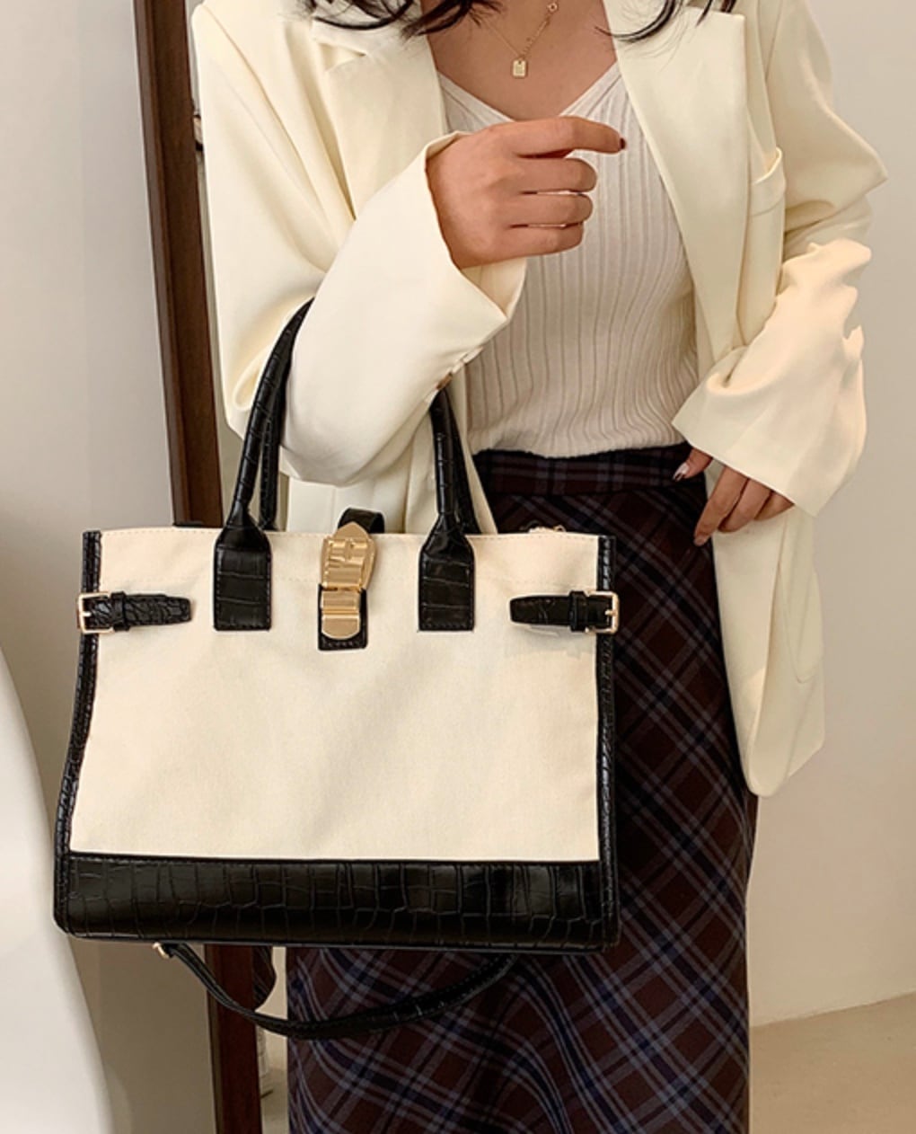 キャンバスレザービッグショルダートートバッグ　３色展開 - select store mirror meキャンバスレザービッグショルダートートバッグ　３色展開159909377mirror meselect store mirror me159909377ホワイトブラウン