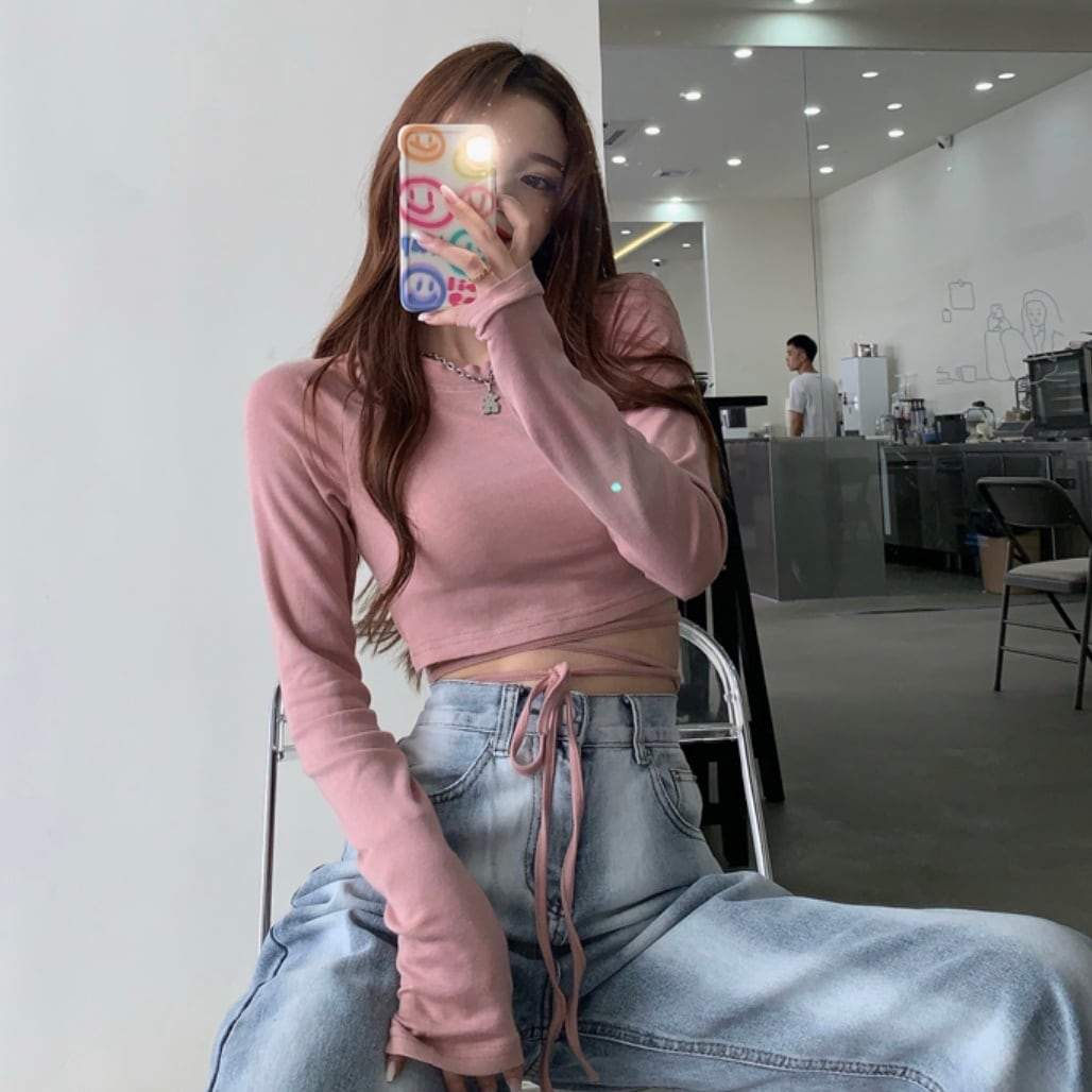 ショート丈ウエストクロスリボンロングスリーブトップス　４色展開 - select store mirror meショート丈ウエストクロスリボンロングスリーブトップス　４色展開114805288mirror meselect store mirror me114805288ホワイト