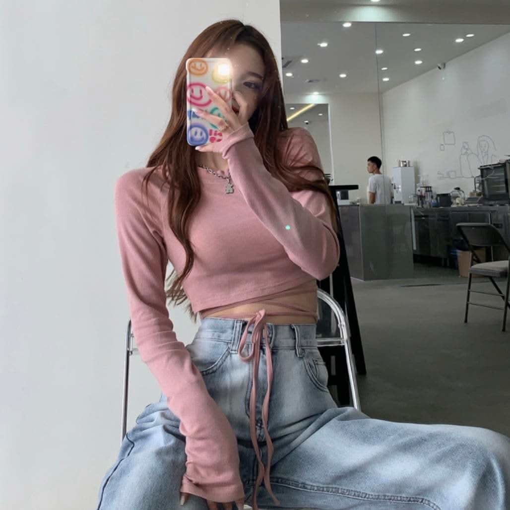 ショート丈ウエストクロスリボンロングスリーブトップス　４色展開 - select store mirror meショート丈ウエストクロスリボンロングスリーブトップス　４色展開114805288mirror meselect store mirror me114805288ホワイト