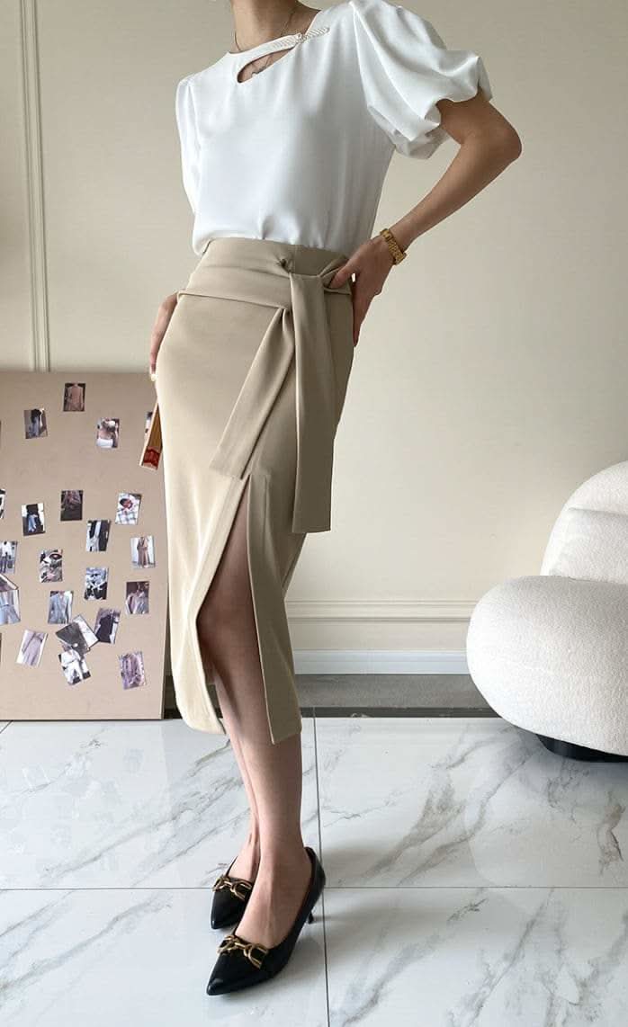 【動画あり】美シルエットウエストリボンスリットスカート　４色展開 - select store mirror me【動画あり】美シルエットウエストリボンスリットスカート　４色展開190816118mirror meselect store mirror me190816118アイボリーS