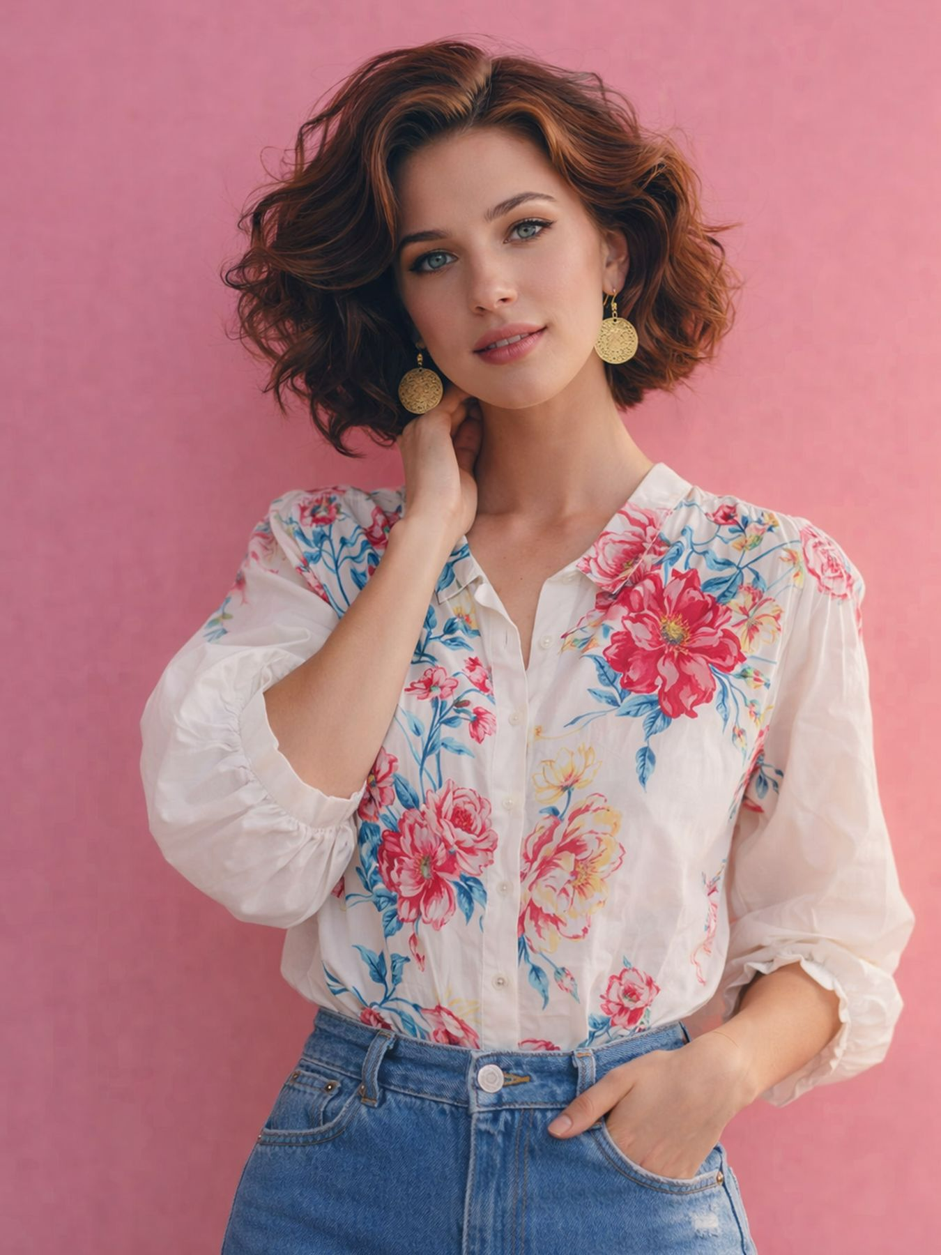 フラワーパフスリーブシャツ