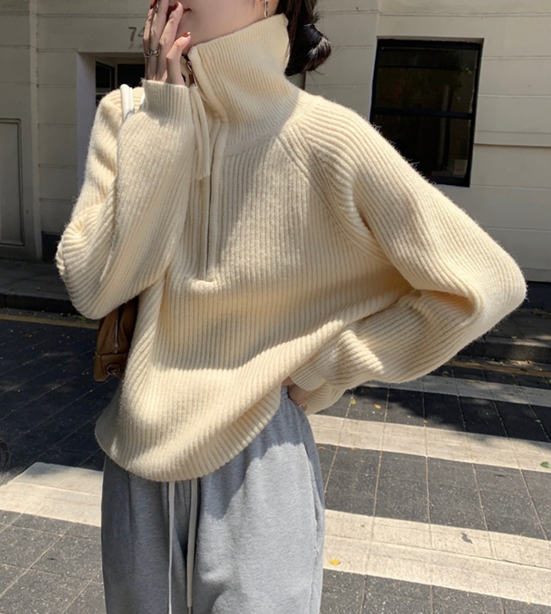ボリュームハイネック畦編みジップニット　５色展開 - select store mirror meボリュームハイネック畦編みジップニット　５色展開194136572mirror meselect store mirror me194136572ホワイト