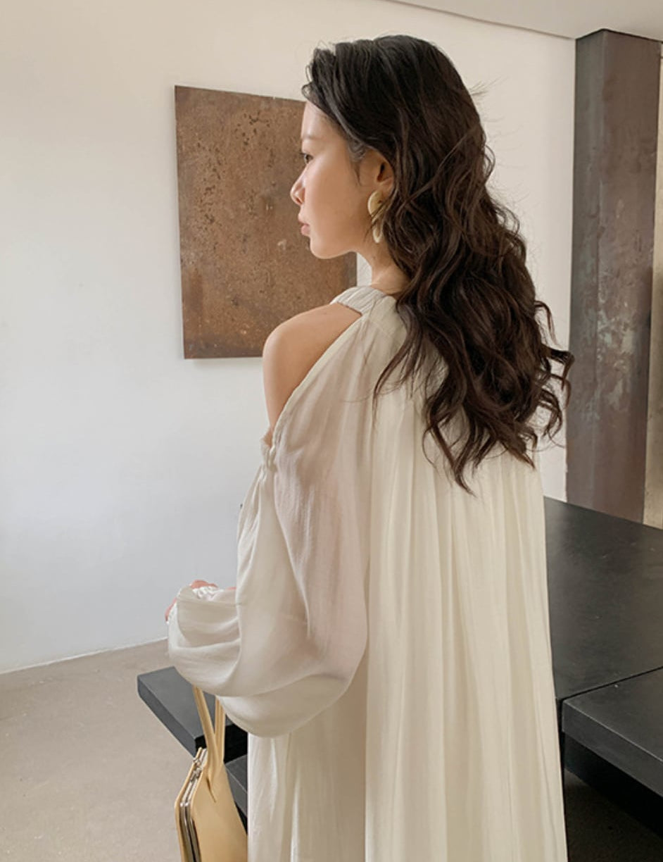 シフォンカットショルダーフレアロングワンピース　５色展開 - select store mirror meシフォンカットショルダーフレアロングワンピース　５色展開199894352mirror meselect store mirror me199894352ホワイト