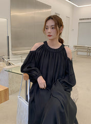 シフォンカットショルダーフレアロングワンピース　５色展開 - select store mirror meシフォンカットショルダーフレアロングワンピース　５色展開199894352mirror meselect store mirror me199894352ホワイト