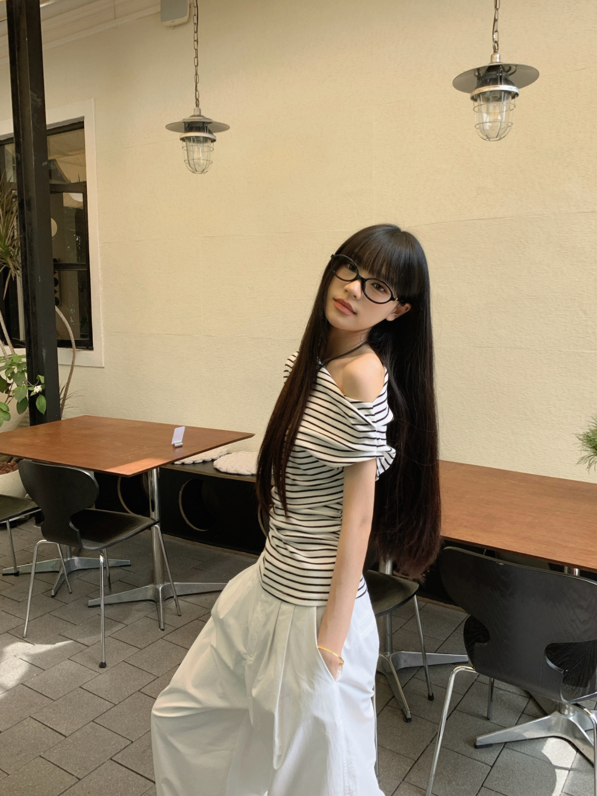 ストライプオフショルトップス