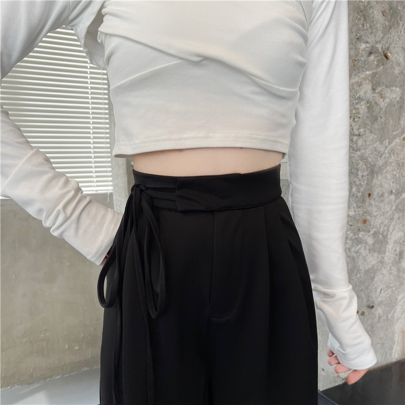 サイドリボン ハイウエストワイドパンツ